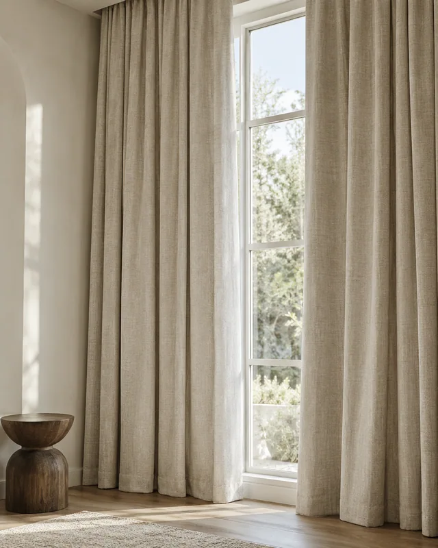 Langsir bertekstur linen warna oat dengan lipatan lembut di ruang tamu